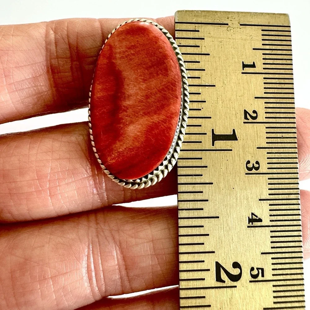 Navajo Orange Spiny Oyster Ring Sz 9 Flat Cab Sterling Signed‎ Selina Warner USA